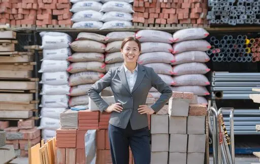 Woman standing behind building materials including MS angles, GI pipes, cement, sheets, marine plywood, white wood, wire nails, concrete nails, tie rod, shuttering clamp, cleaning accessories, timber, GI thread rod, bolts, nuts, and washers at Starlinks